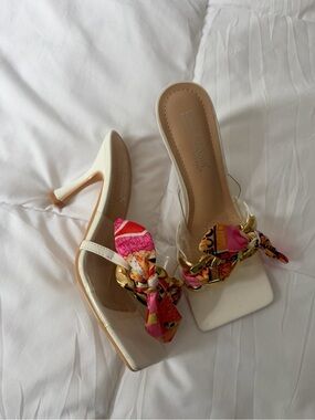 DSW White Heeled Mules with Pink & Gold Scarf Accent